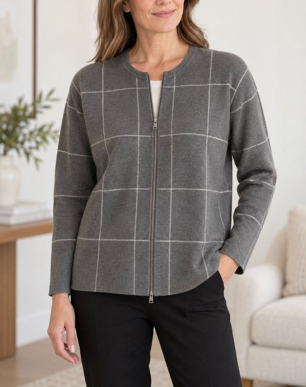 Eileen Fisher 100% Merino Wool Gray Windowpane Full Zip Cardigan Sweater M